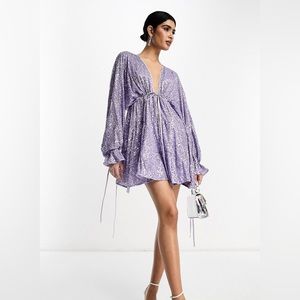 ASOS embellished tiered mini dress with tie detail in Lilac sequins